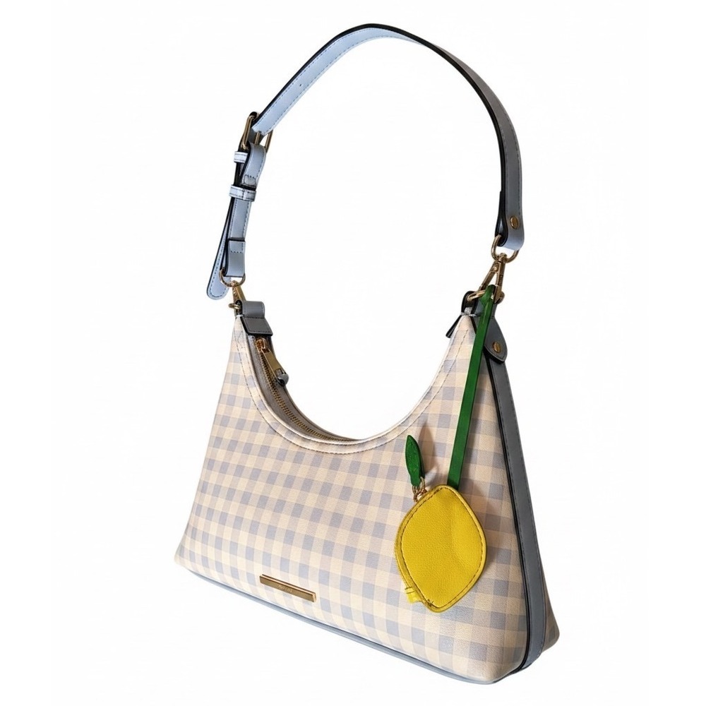 ALDO Blue Gingham Shoulder Bag Lemon Coin Purse Charm Gold Hardware Vegan
